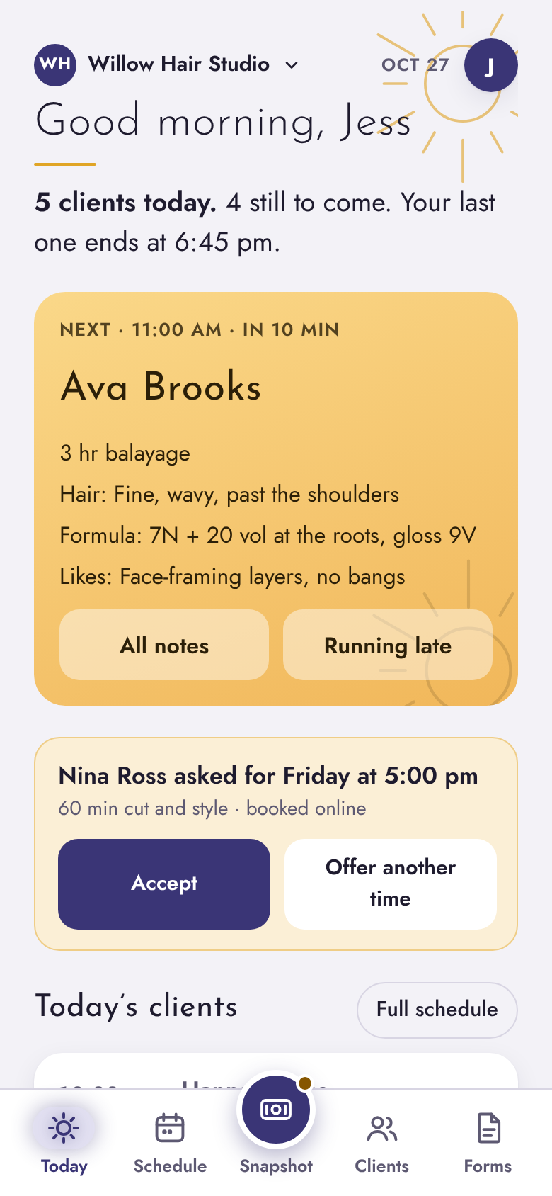A hair salon's Today screen in SolePro