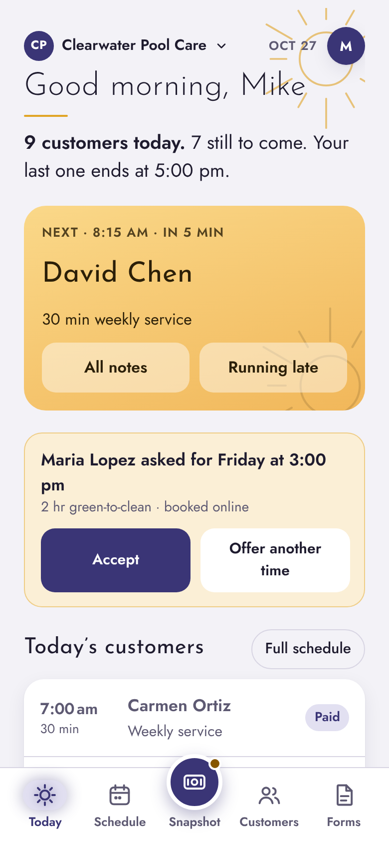 A pool service's Today screen in SolePro